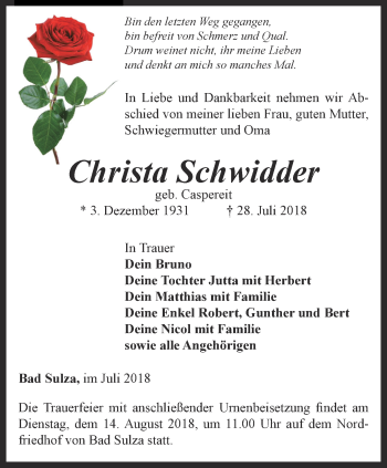 Traueranzeige von Christa Schwidder von Thüringer Allgemeine, Thüringische Landeszeitung