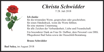 Traueranzeige von Christa Schwidder von Thüringer Allgemeine, Thüringische Landeszeitung