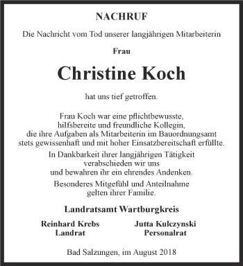 Traueranzeige von Christine Koch von Thüringer Allgemeine, Thüringische Landeszeitung