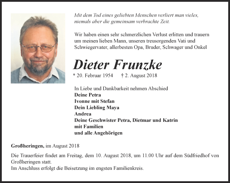  Traueranzeige für Dieter Frunzke vom 08.08.2018 aus Thüringer Allgemeine, Thüringische Landeszeitung
