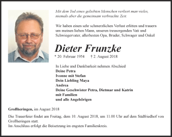 Traueranzeige von Dieter Frunzke von Thüringer Allgemeine, Thüringische Landeszeitung