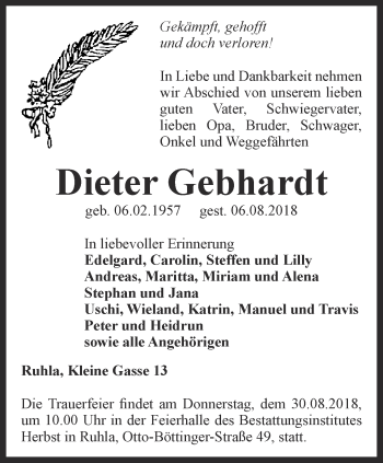 Traueranzeige von Dieter Gebhardt von Thüringer Allgemeine, Thüringische Landeszeitung