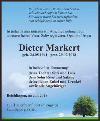 Traueranzeige von Dieter Markert von Thüringer Allgemeine