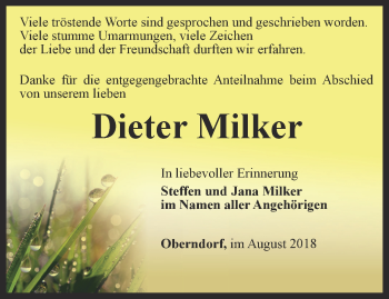 Traueranzeige von Dieter Milker von Ostthüringer Zeitung