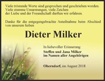 Traueranzeige von Dieter Milker von Ostthüringer Zeitung