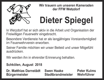 Traueranzeige von Dieter Spiegel von Ostthüringer Zeitung