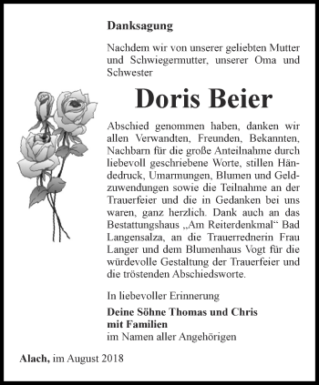 Traueranzeige von Doris Beier von Thüringer Allgemeine, Thüringische Landeszeitung