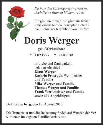 Traueranzeige von Doris Werger von Thüringer Allgemeine