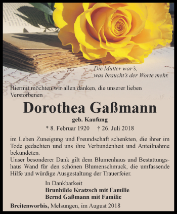 Traueranzeige von Dorothea Gaßmann von Thüringer Allgemeine