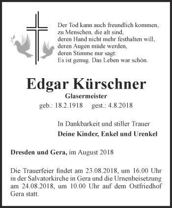 Traueranzeige von Edgar Kürschner von Ostthüringer Zeitung