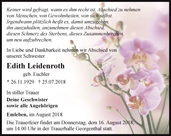 Traueranzeige von Edith Leidenroth von Ostthüringer Zeitung, Thüringische Landeszeitung