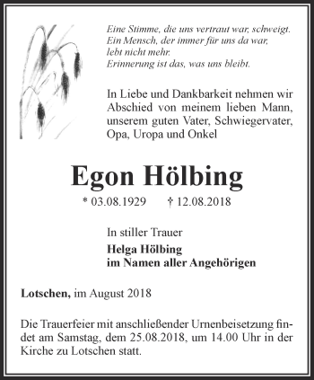 Traueranzeige von Egon Hölbing von Thüringer Allgemeine, Thüringische Landeszeitung