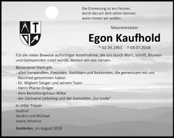 Traueranzeige von Egon Kaufhold von Thüringer Allgemeine