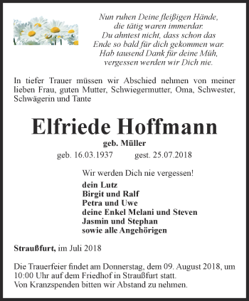 Traueranzeige von Elfriede Hoffmann von Thüringer Allgemeine