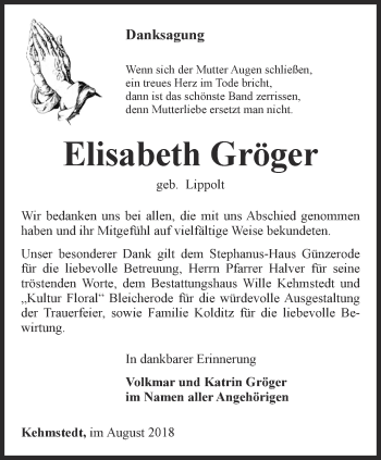 Traueranzeige von Elisabeth Gröger von Thüringer Allgemeine