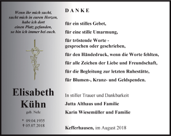 Traueranzeige von Elisabeth Kühn von Thüringer Allgemeine