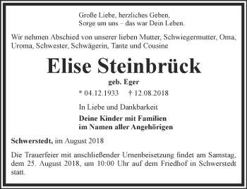 Traueranzeige von Elise Steinbrück von Thüringer Allgemeine, Thüringische Landeszeitung