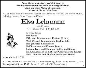 Traueranzeige von Elsa Lehmann von Thüringer Allgemeine