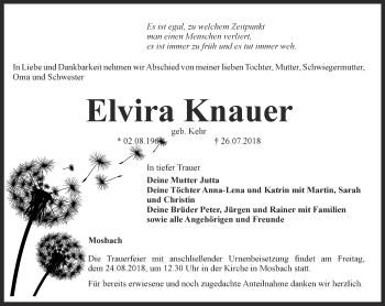 Traueranzeige von Elvira Knauer von Thüringer Allgemeine, Thüringische Landeszeitung