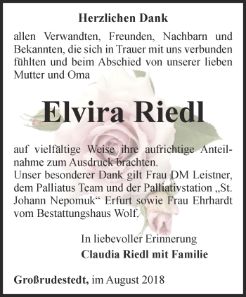 Traueranzeige von Elvira Riedl von Thüringer Allgemeine, Thüringische Landeszeitung