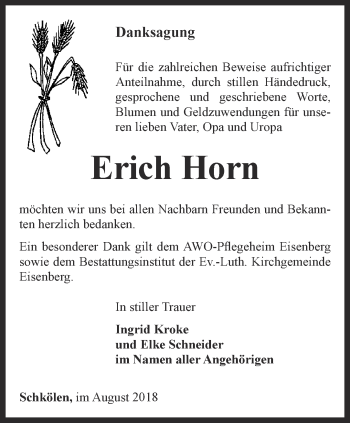 Traueranzeige von Erich Horn von Ostthüringer Zeitung