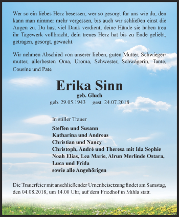 Traueranzeige von Erika Sinn  von Thüringer Allgemeine, Thüringische Landeszeitung