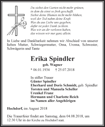 Traueranzeige von Erika Spindler von Thüringer Allgemeine, Thüringische Landeszeitung