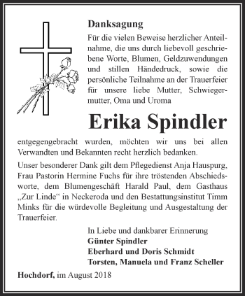 Traueranzeige von Erika Spindler von Thüringer Allgemeine, Thüringische Landeszeitung