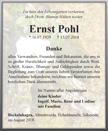 Traueranzeige von Ernst Pohl von Thüringer Allgemeine