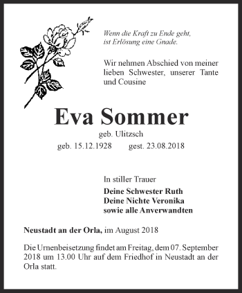 Traueranzeige von Eva Sommer