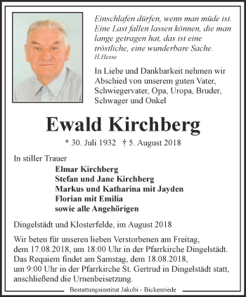 Traueranzeige von Ewald Kirchberg von Thüringer Allgemeine