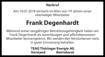 Traueranzeige von Frank Degenhardt von Ostthüringer Zeitung