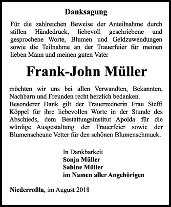 Traueranzeige von Frank-John Müller von Thüringer Allgemeine, Thüringische Landeszeitung