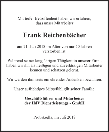 Traueranzeige von Frank Reichenbächer von Ostthüringer Zeitung