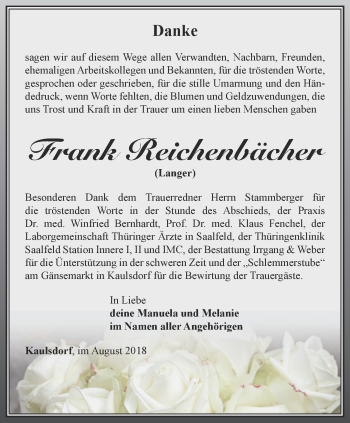 Traueranzeige von Frank Reichenbächer von Ostthüringer Zeitung