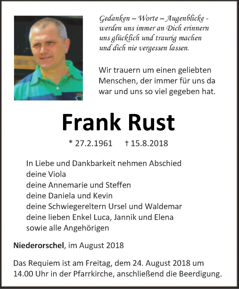  Traueranzeige für Frank Rust vom 20.08.2018 aus Thüringer Allgemeine