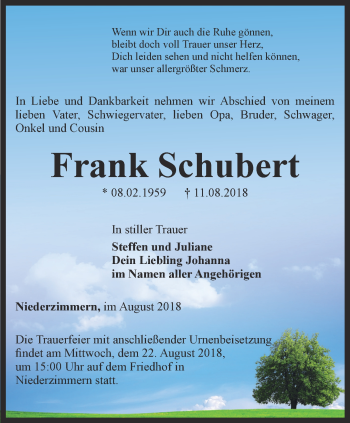 Traueranzeige von Frank Schubert von Thüringer Allgemeine, Thüringische Landeszeitung