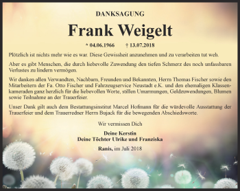 Traueranzeige von Frank Weigelt von Ostthüringer Zeitung