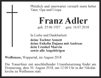 Traueranzeige von Franz Adler von Thüringer Allgemeine