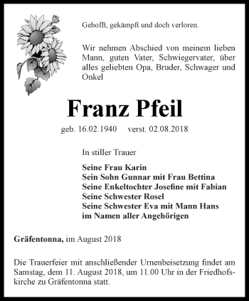 Traueranzeige von Franz Pfeil von Thüringer Allgemeine, Thüringische Landeszeitung