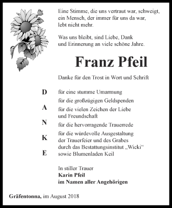 Traueranzeige von Franz Pfeil von Thüringer Allgemeine, Thüringische Landeszeitung