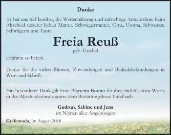 Traueranzeige von Freia Reuß von Thüringer Allgemeine