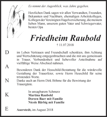 Traueranzeige von Friedheim Raubold von Thüringer Allgemeine, Thüringische Landeszeitung