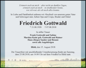 Traueranzeige von Friedrich Gottwald von Thüringer Allgemeine