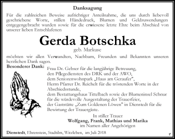 Traueranzeige von Gerda Botschka  von Thüringer Allgemeine