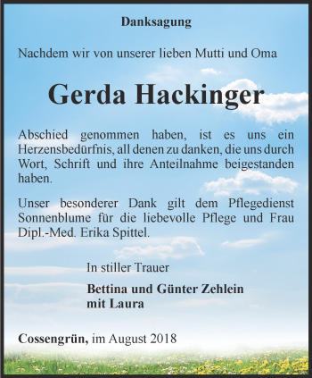 Traueranzeige von Gerda Hackinger