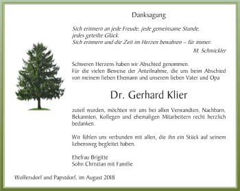 Traueranzeige von Gerhard Klier von Ostthüringer Zeitung