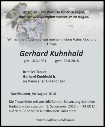 Traueranzeige von Gerhard Kuhnhold von Thüringer Allgemeine