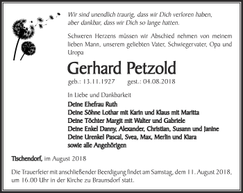 Traueranzeige von Gerhard Petzold von Ostthüringer Zeitung