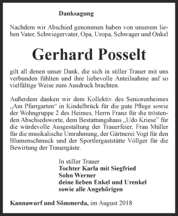 Traueranzeige von Gerhard Posselt von Thüringer Allgemeine